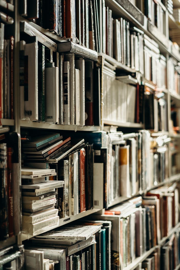 A close-up view of a stacked bookshelf in a warmly lit library, perfect for book lovers.